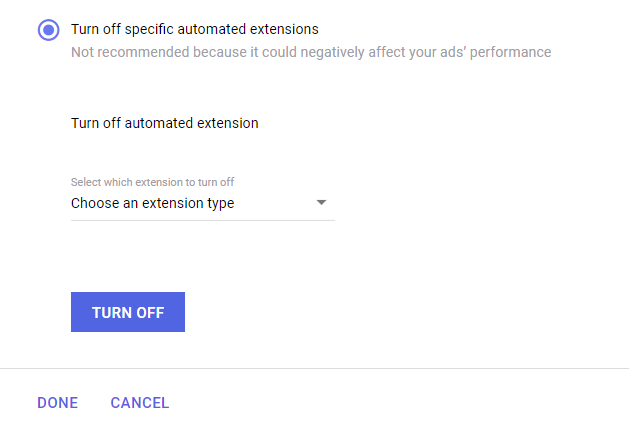 screenshot showing how to turn off automated extensions