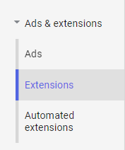 screenshot of extensions tab in Google Ads