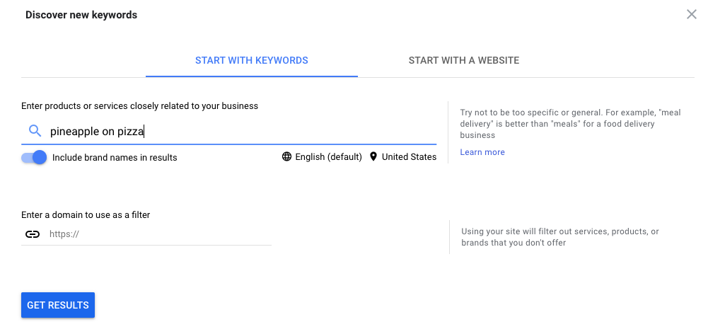 Google keyword planner screenshot