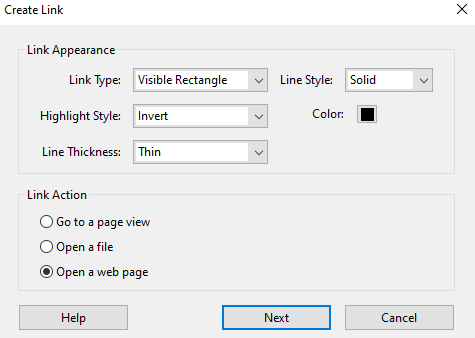 create link window in Adobe Acrobat Pro DC