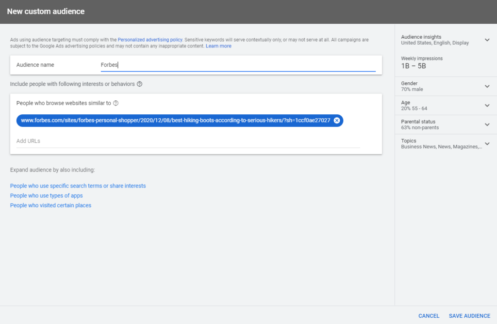 new custom audience with url for people who browse similar sites to