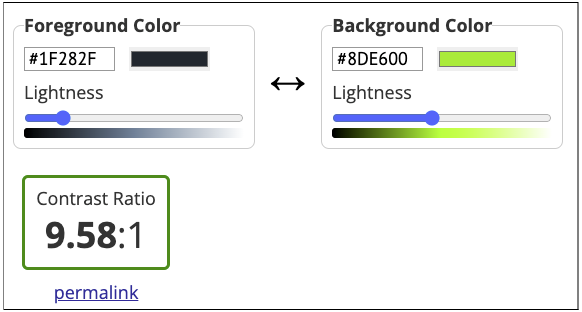 Screenshot of the WebAIM Contrast Checker with foreground and background colors inputted. Contrast ratio 9.58:1 