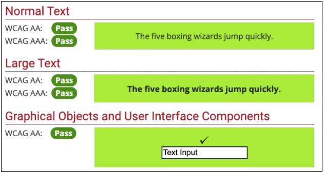 WebAIM Contrast Checker test results. WCAG AA and WCAG AAA passed for normal text, large text, and graphic objects/UI components. 