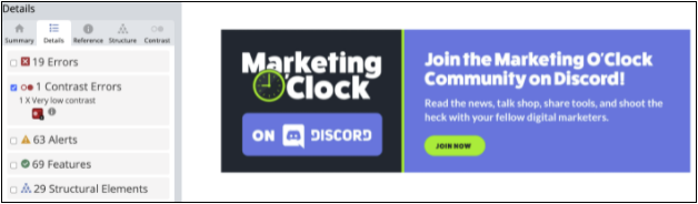 Screenshot of the Marketing O'Clock Discord image being flagged for a contrast error