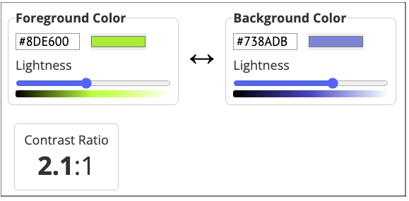 WebAIM Contrast Checker test for Cypress North green against Discord blue. Contrast Ratio is 2.1:1