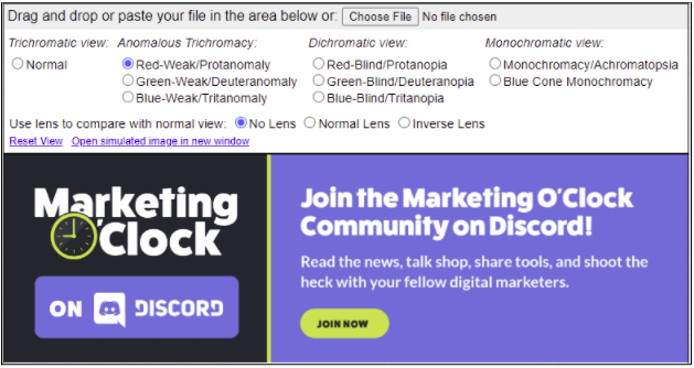 Marketing O'Clock Discord image in the Coblis tool with red-weak/protanomaly color blindness settings