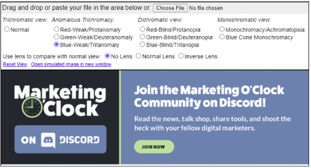 Marketing O'Clock Discord image in the Coblis tool with blue-weak/tritanomaly color blindness settings