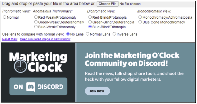 Marketing O'Clock Discord image in the Coblis tool with blue-blind/tritanopia color blindness settings