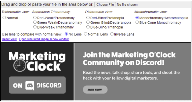 Marketing O'Clock Discord image in the Coblis tool with monochromacy/achromatopsia color blindness settings