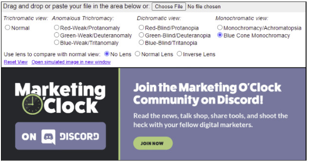 Marketing O'Clock Discord image in the Coblis tool with blue cone monochromacy color blindness settings