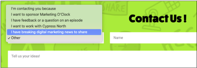 "I have breaking digital marketing news to share" selected in dropdown